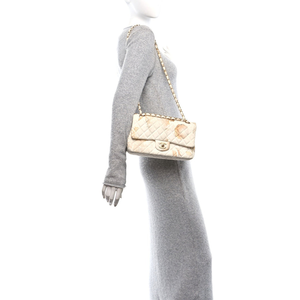 Denim Floral Printed Medium Double Flap Beige