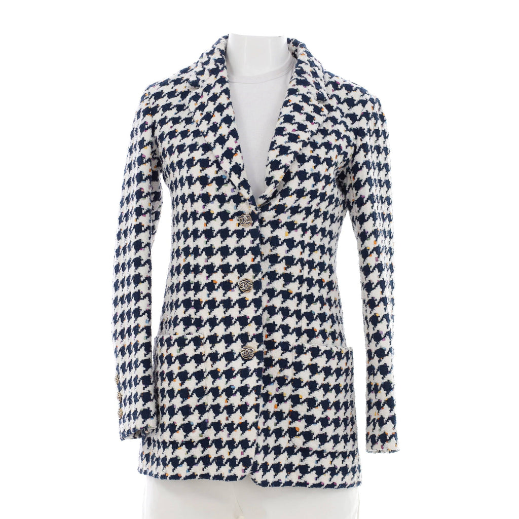 Women's Button Up Blazer Houndstooth Tweed