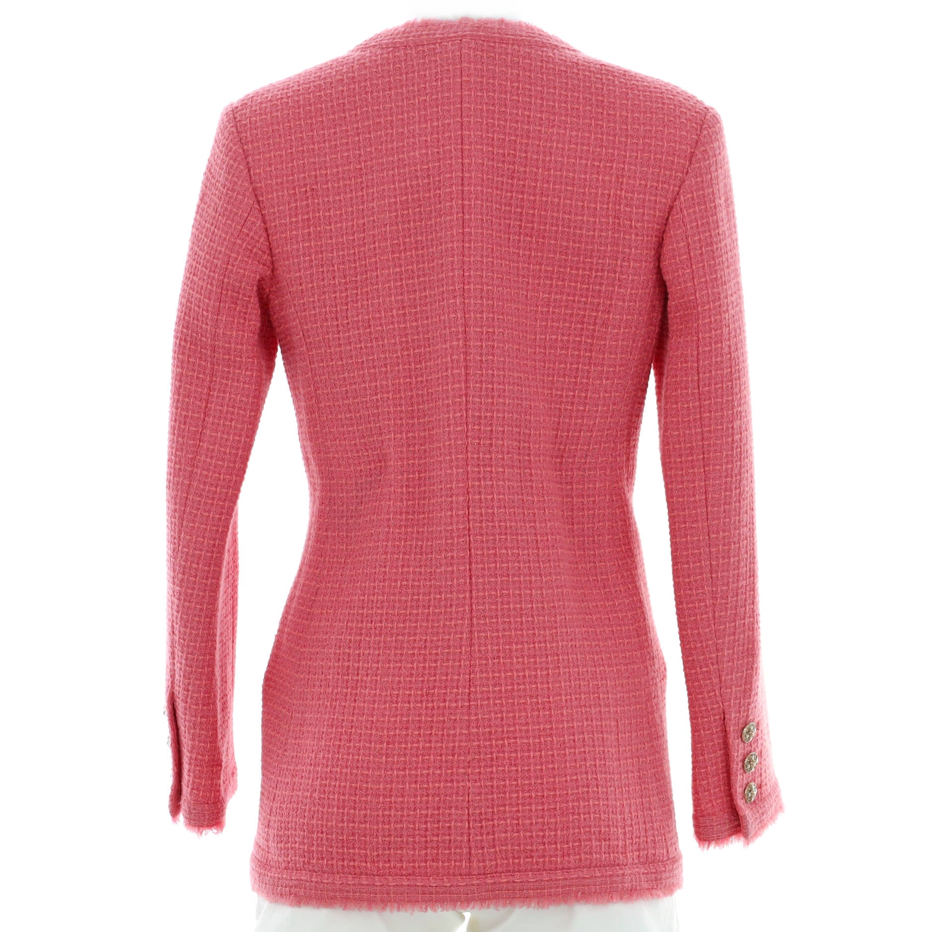 Women's Fringe Button Up Collarless Jacket Tweed