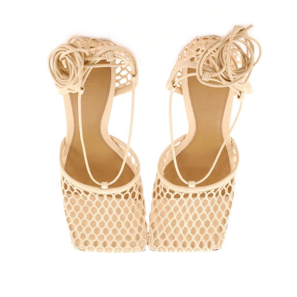 Women's Stretch Ankle Tie Heeled Sandals Mesh with Leather