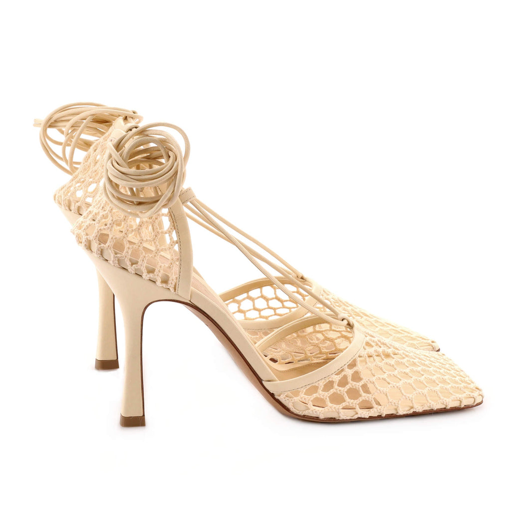 Women's Stretch Ankle Tie Heeled Sandals Mesh with Leather