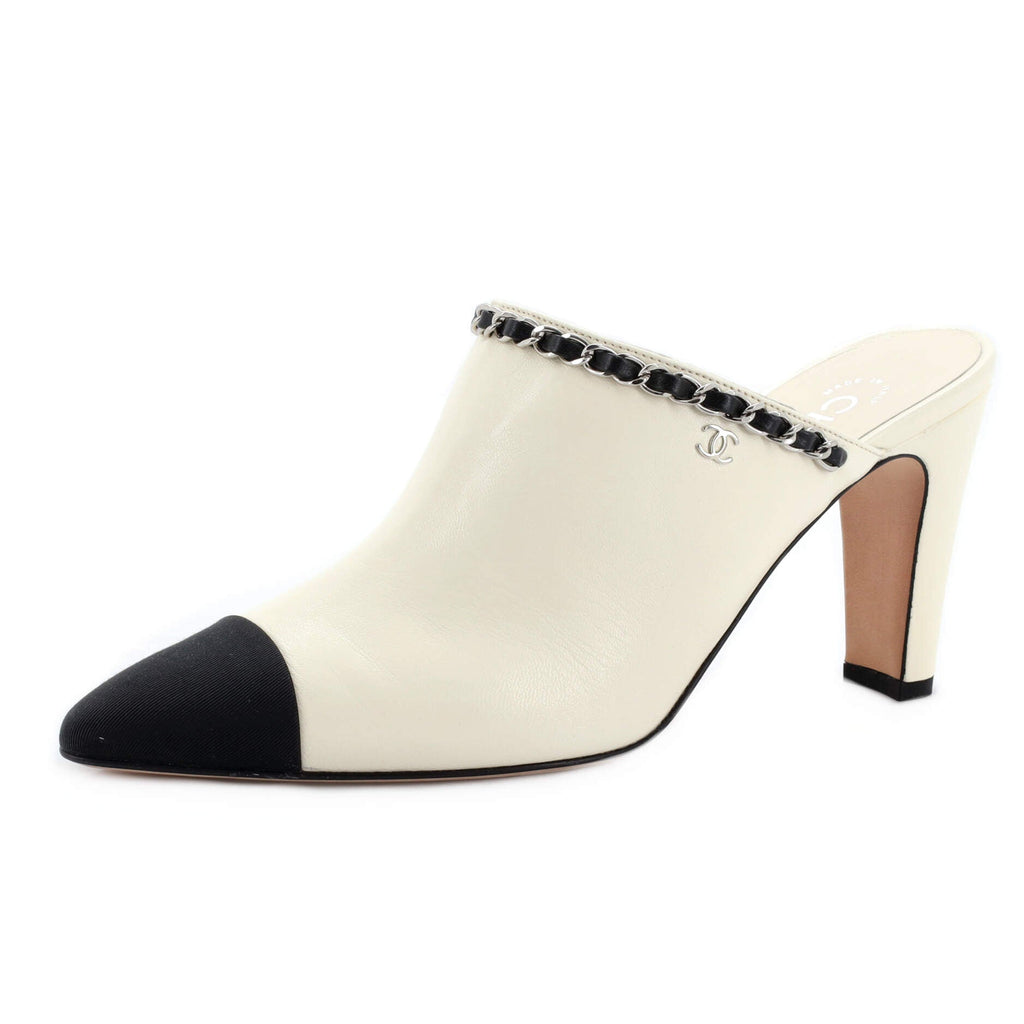 Women's Chain Cap Toe Heeled Mules Leather with Grosgrain