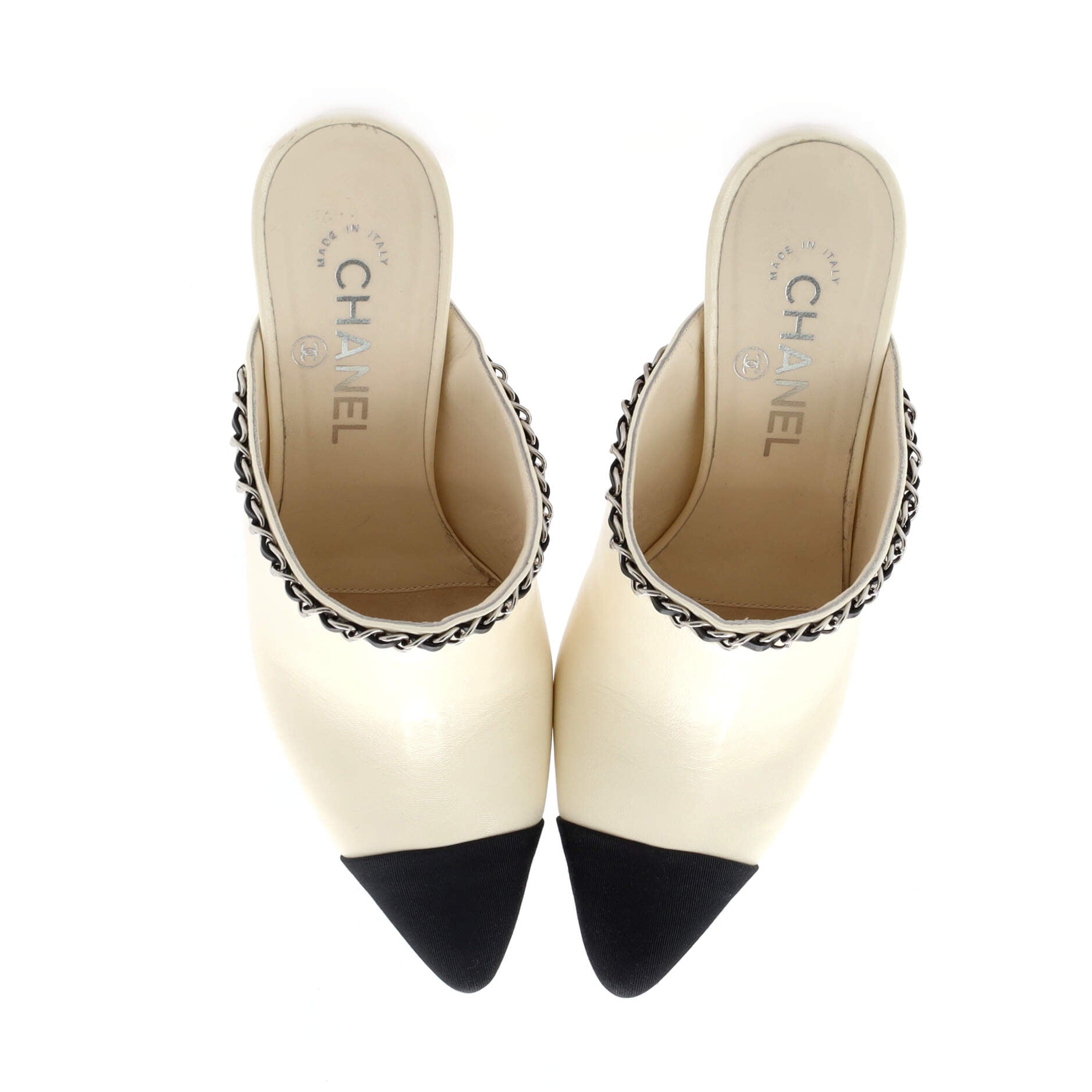 Women's Chain Cap Toe Heeled Mules Leather with Grosgrain