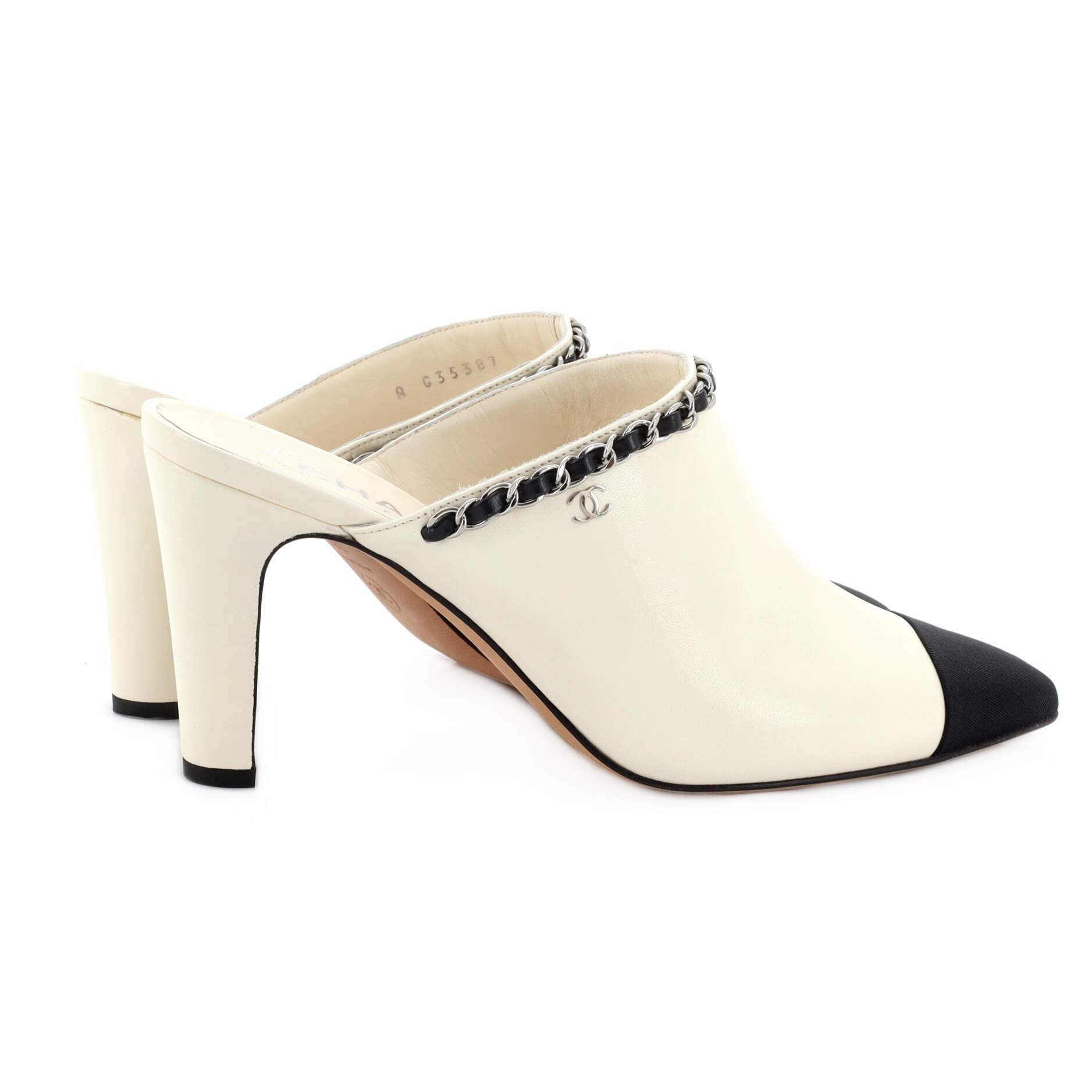 Women's Chain Cap Toe Heeled Mules Leather with Grosgrain