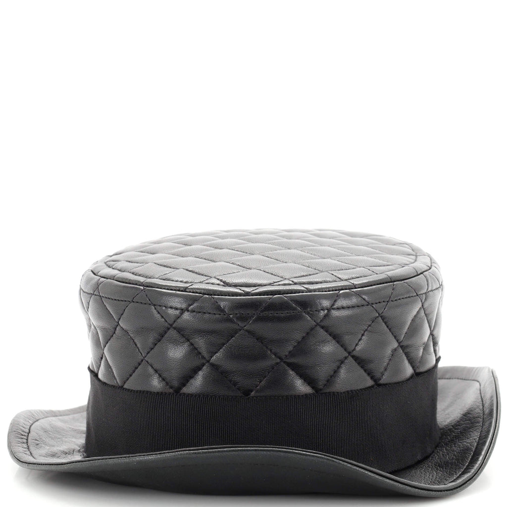 Porkpie Hat Quilted Leather with Grosgrain