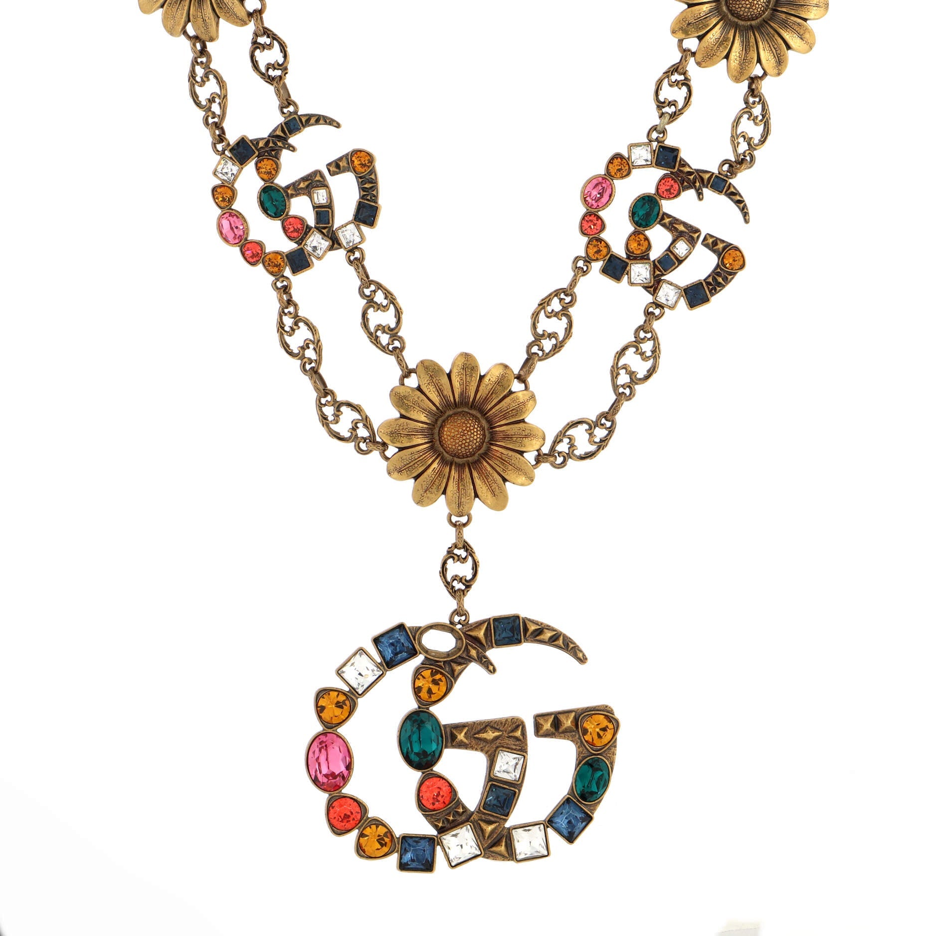 Double G Pendant Floral Double Chain Necklace Metal with Crystals