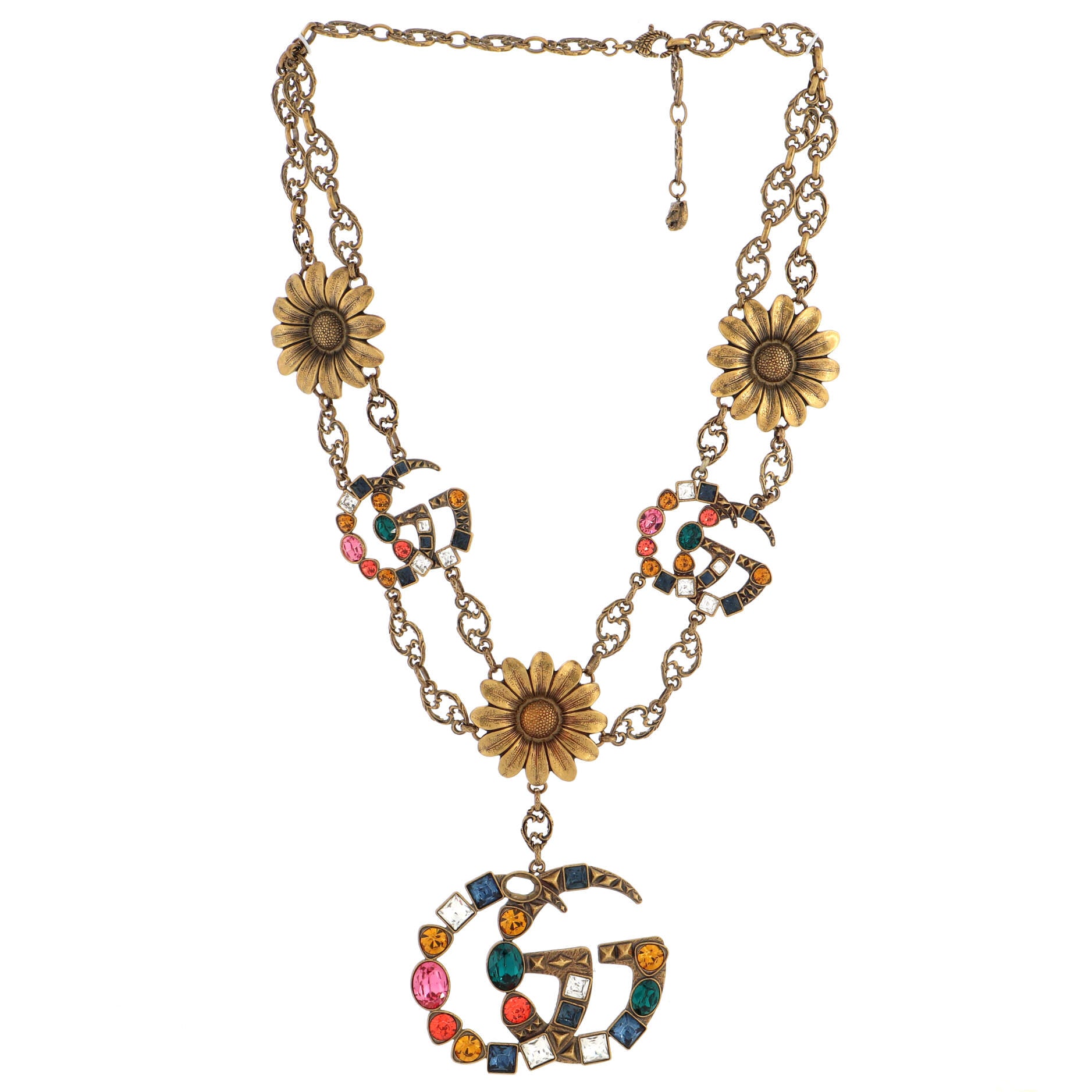 Double G Pendant Floral Double Chain Necklace Metal with Crystals