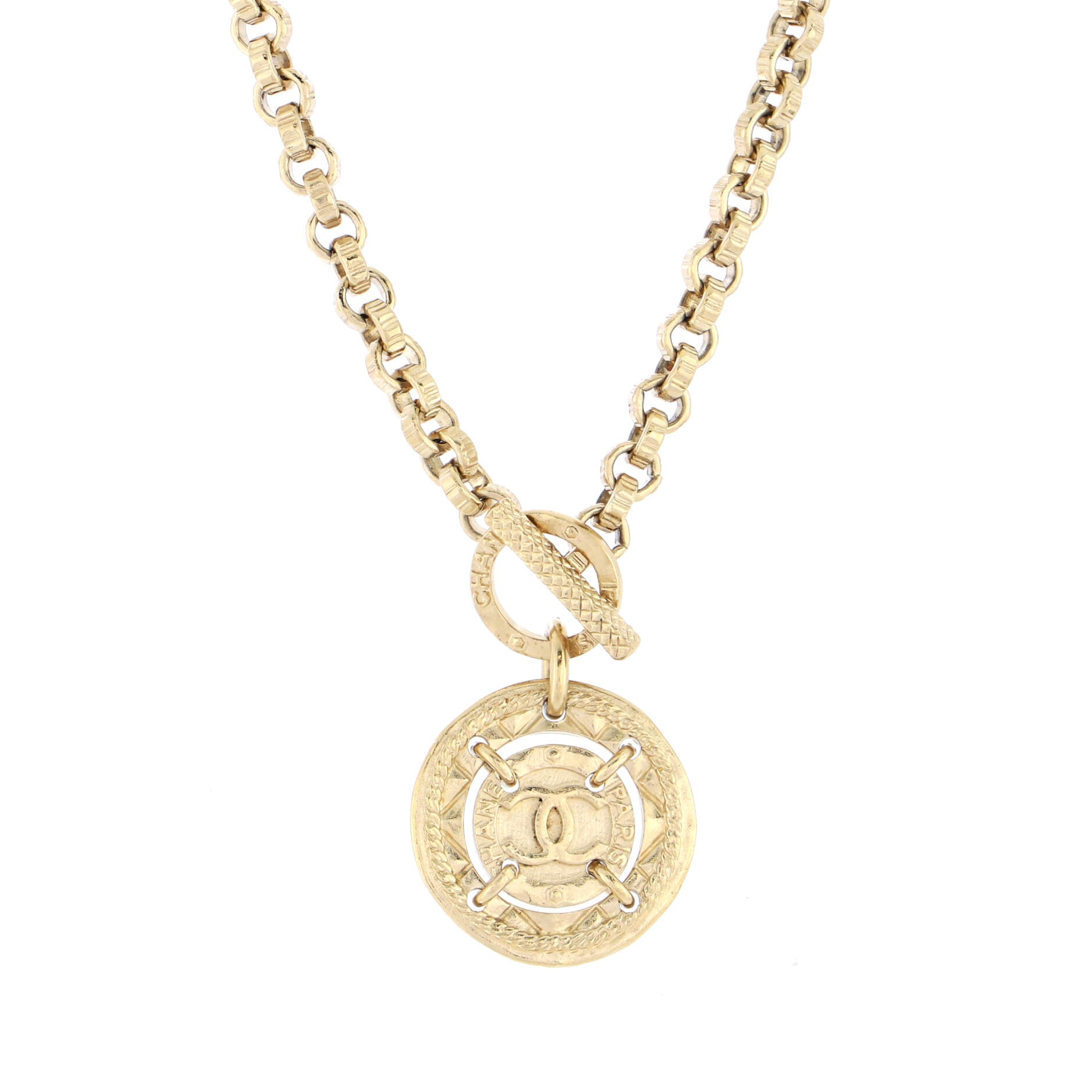 CC Medallion Pendant Long Chain Necklace Metal