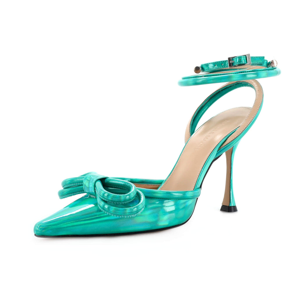 Women's Double Bow Ankle Strap Pumps Iridescent Leather 100