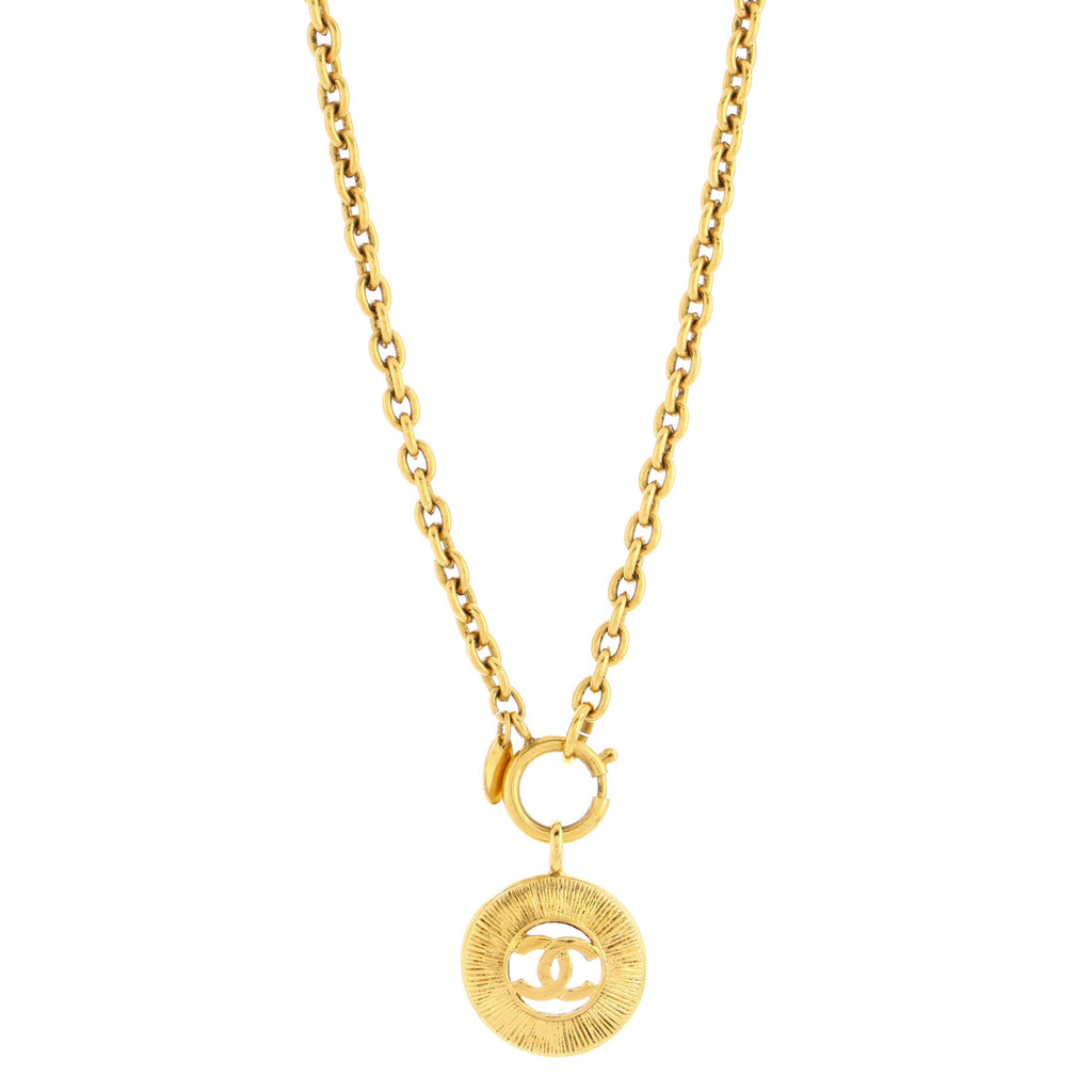 Vintage CC Round Pendant Long Necklace Metal