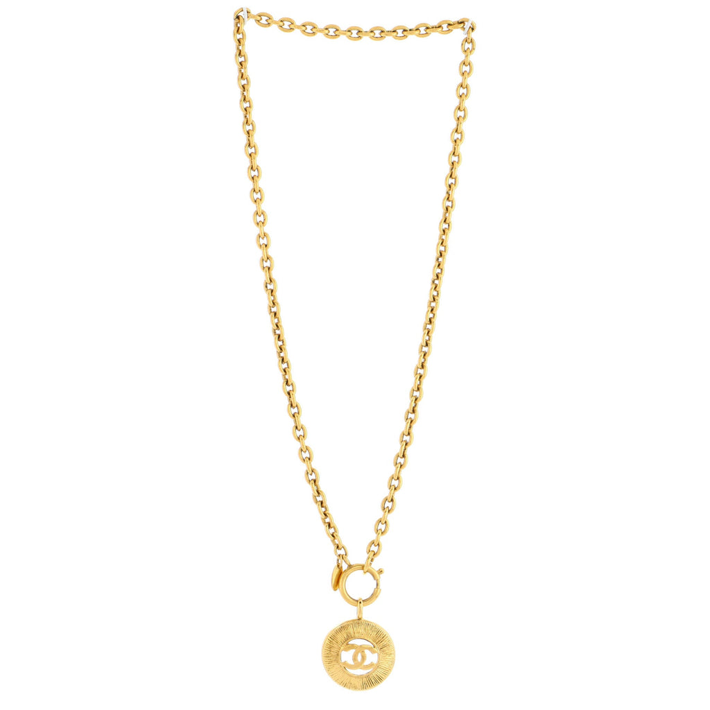 Vintage CC Round Pendant Long Necklace Metal