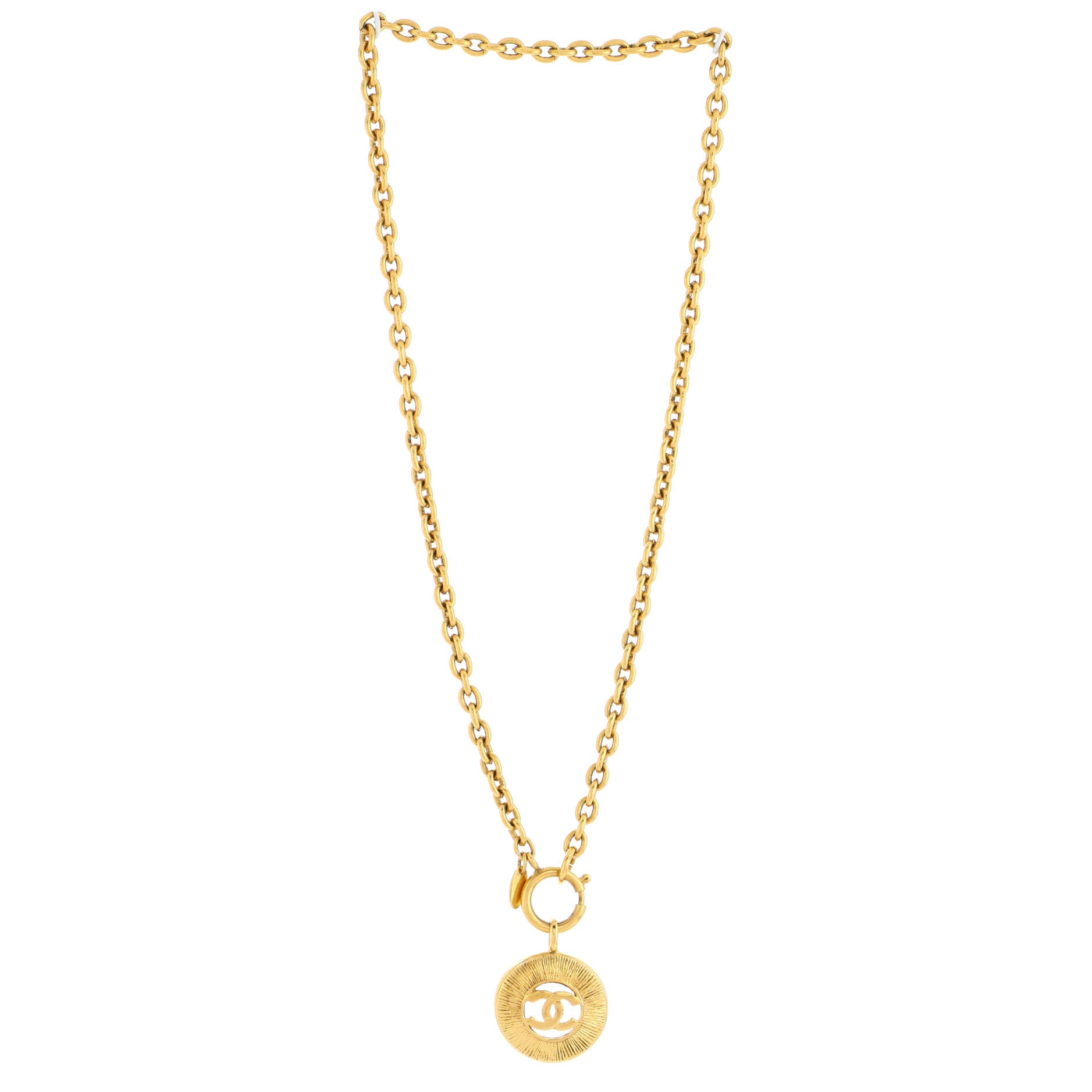 Vintage CC Round Pendant Long Necklace Metal
