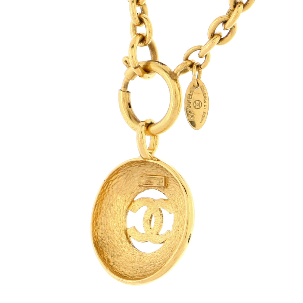 Vintage CC Round Pendant Long Necklace Metal