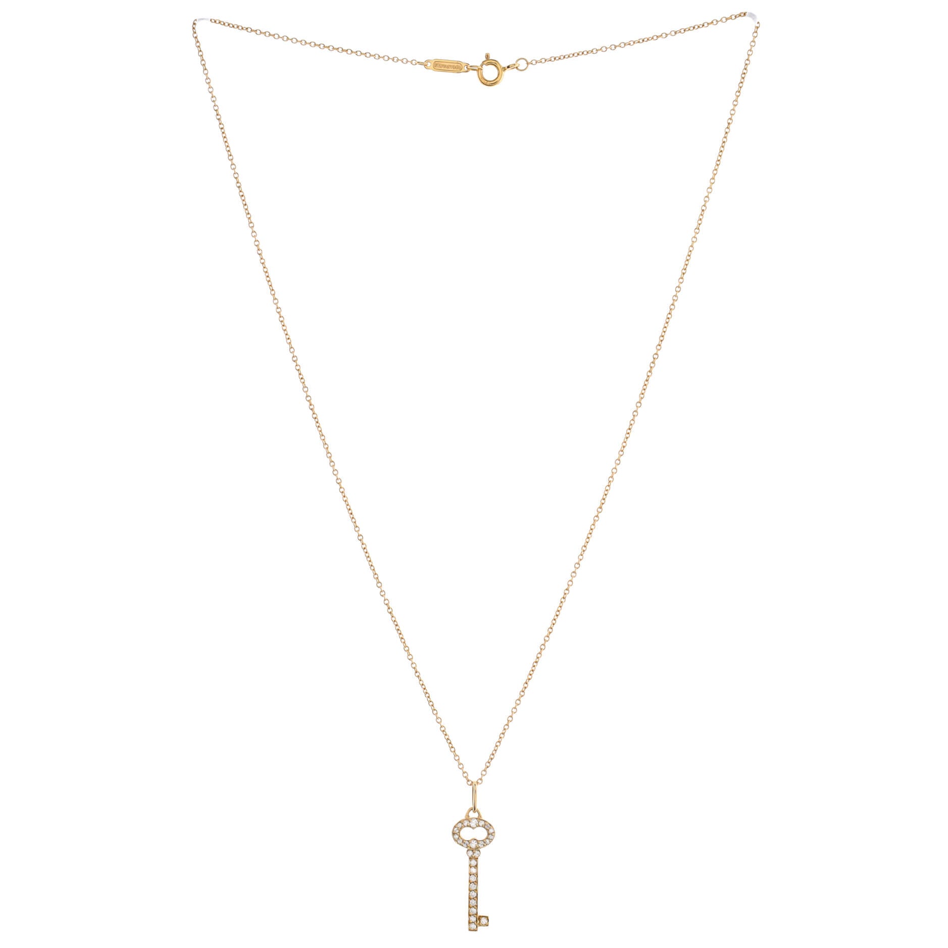Vintage Oval Key Pendant Necklace 18K Yellow Gold with Diamonds Mini