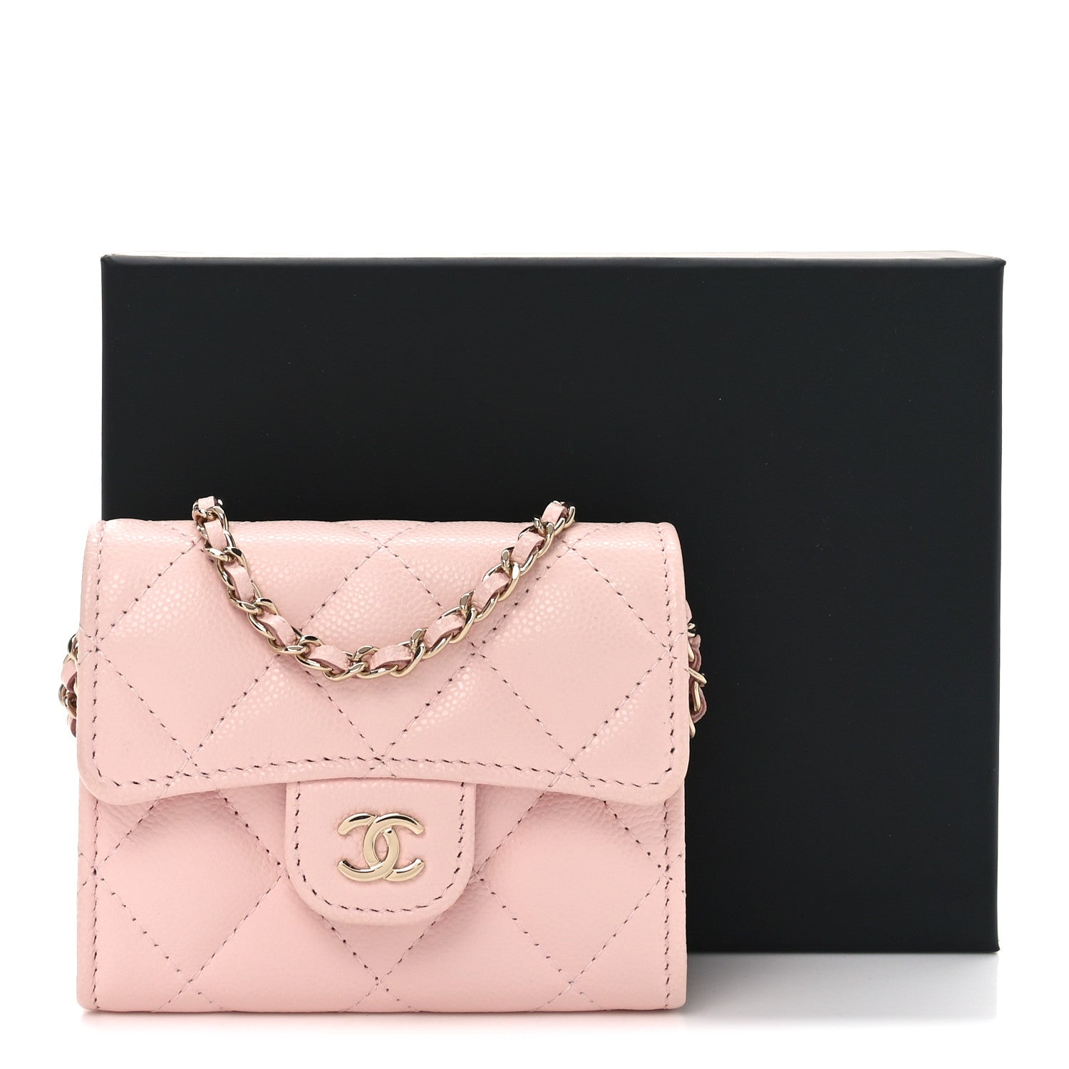 Caviar Quilted Flap  Holder On Chain Pink