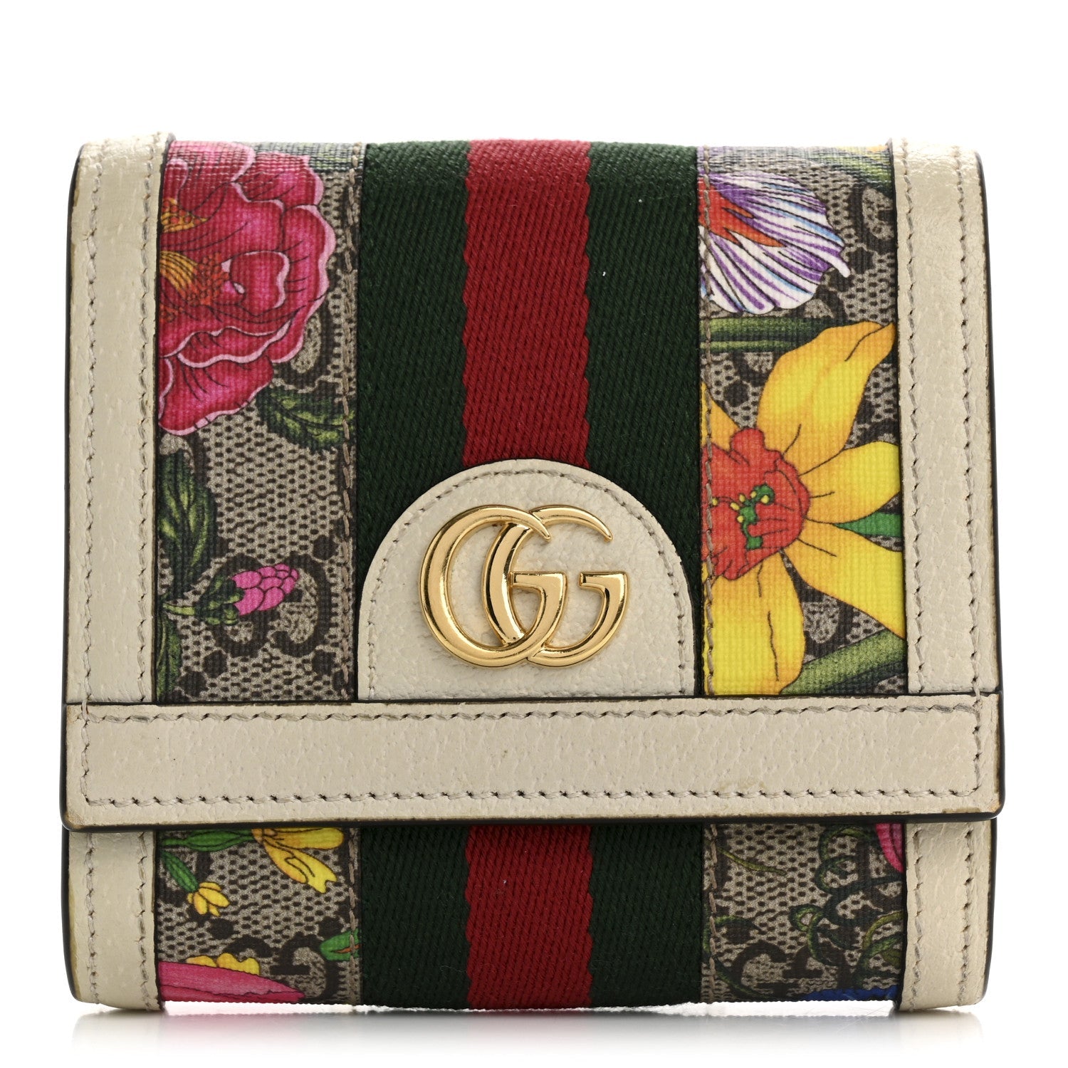 GG Supreme Monogram Flora Textured Calfskin Web Ophidia  Case Wallet Beige Ebony Multicolor Mystic White