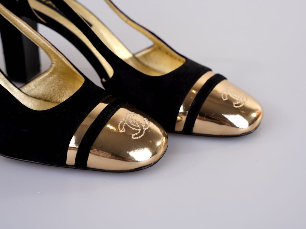 Chanel CC Slingback Heels Black Gold Size 37.5 EU