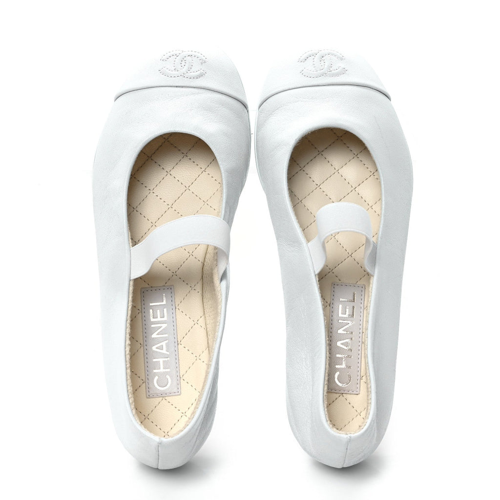 Lambskin Cap Toe CC Mary Jane Flats 38.5 White