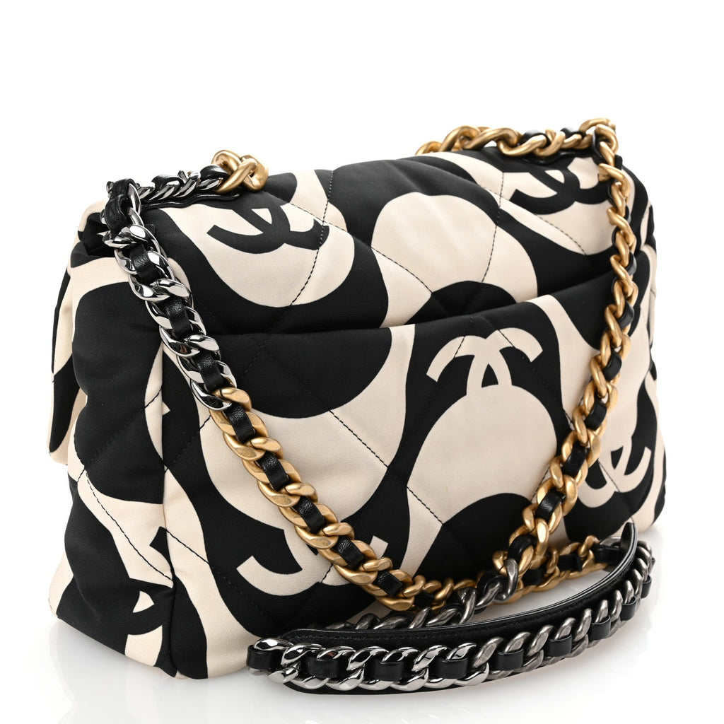Fabric Printed Large Chanel 19 Flap Black Ecru