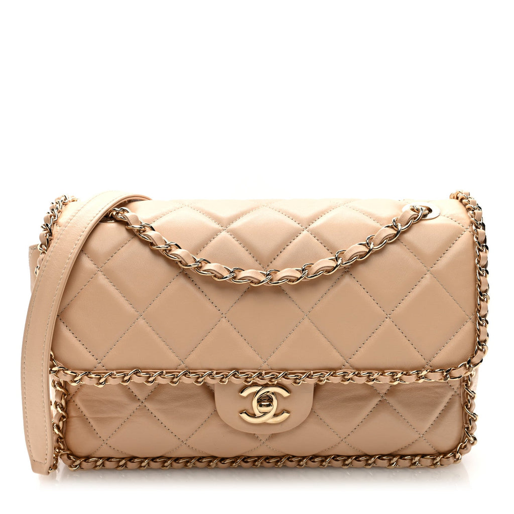 Crumpled Calfskin Medium Chain All Over Flap Beige