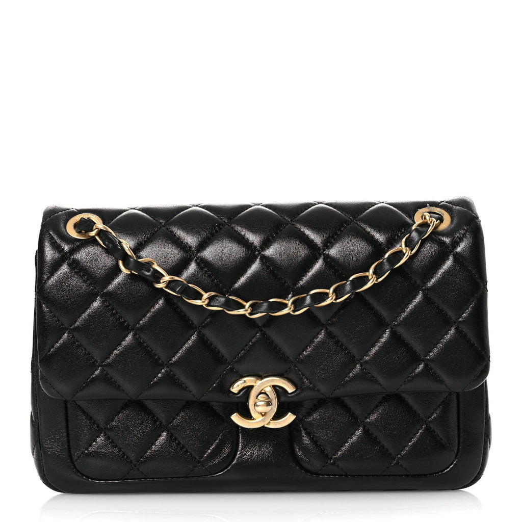 Shiny Lambskin Quilted Small Daily Friend Flap Black