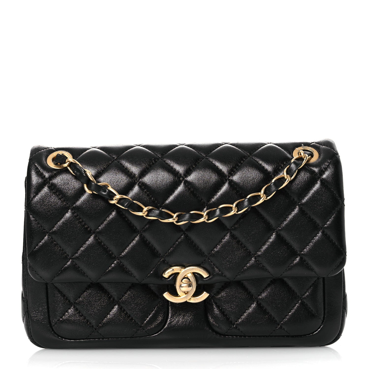 Shiny Lambskin Quilted Small Daily Friend Flap Black