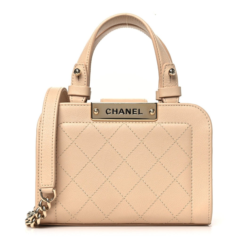 Grained Calfskin Stitched Mini Label  Shopper Tote Beige