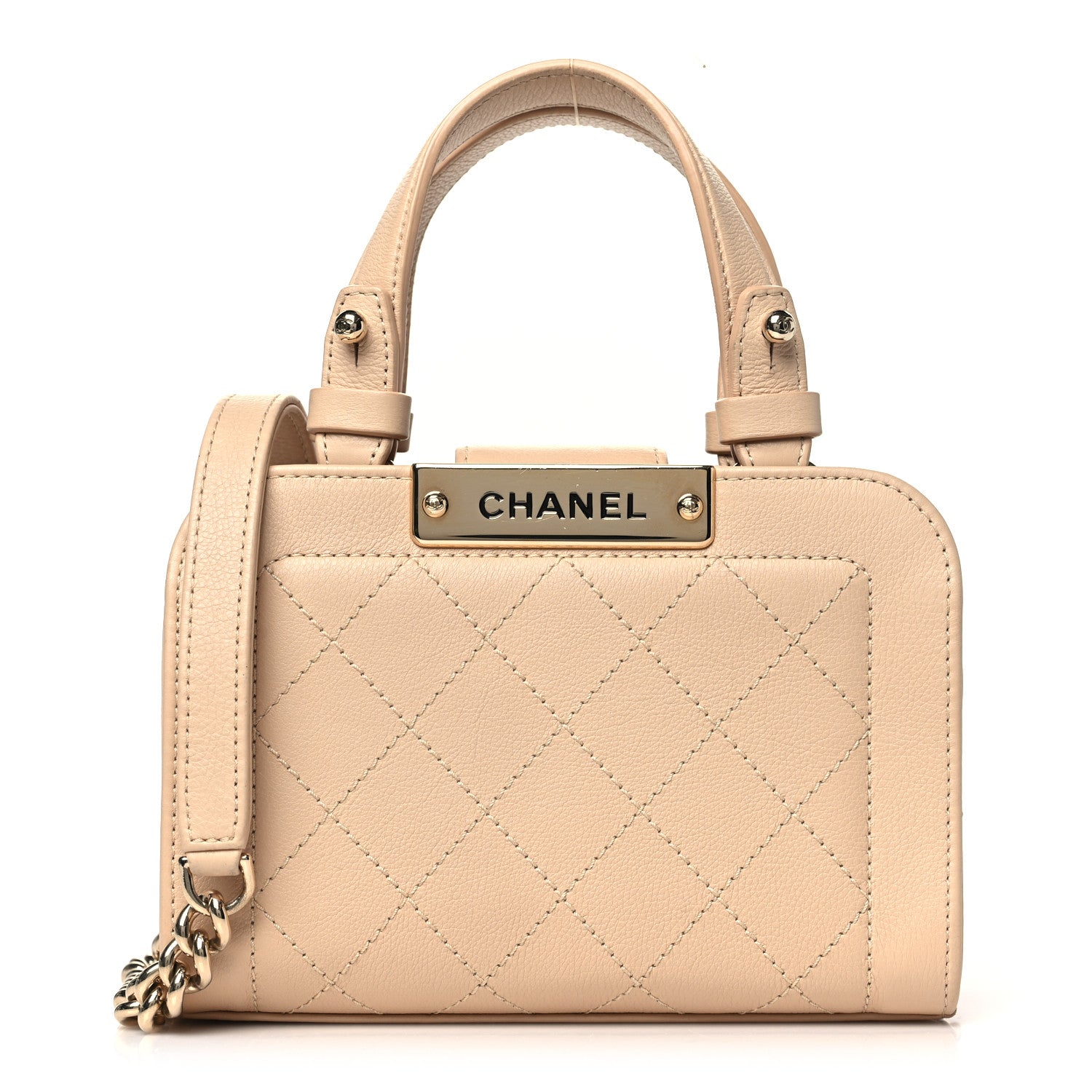 Grained Calfskin Stitched Mini Label  Shopper Tote Beige