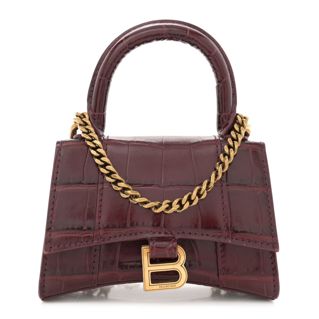 Shiny Calfskin Crocodile Embossed Hourglass Top Handle Bag Mini with Chain Dark Red