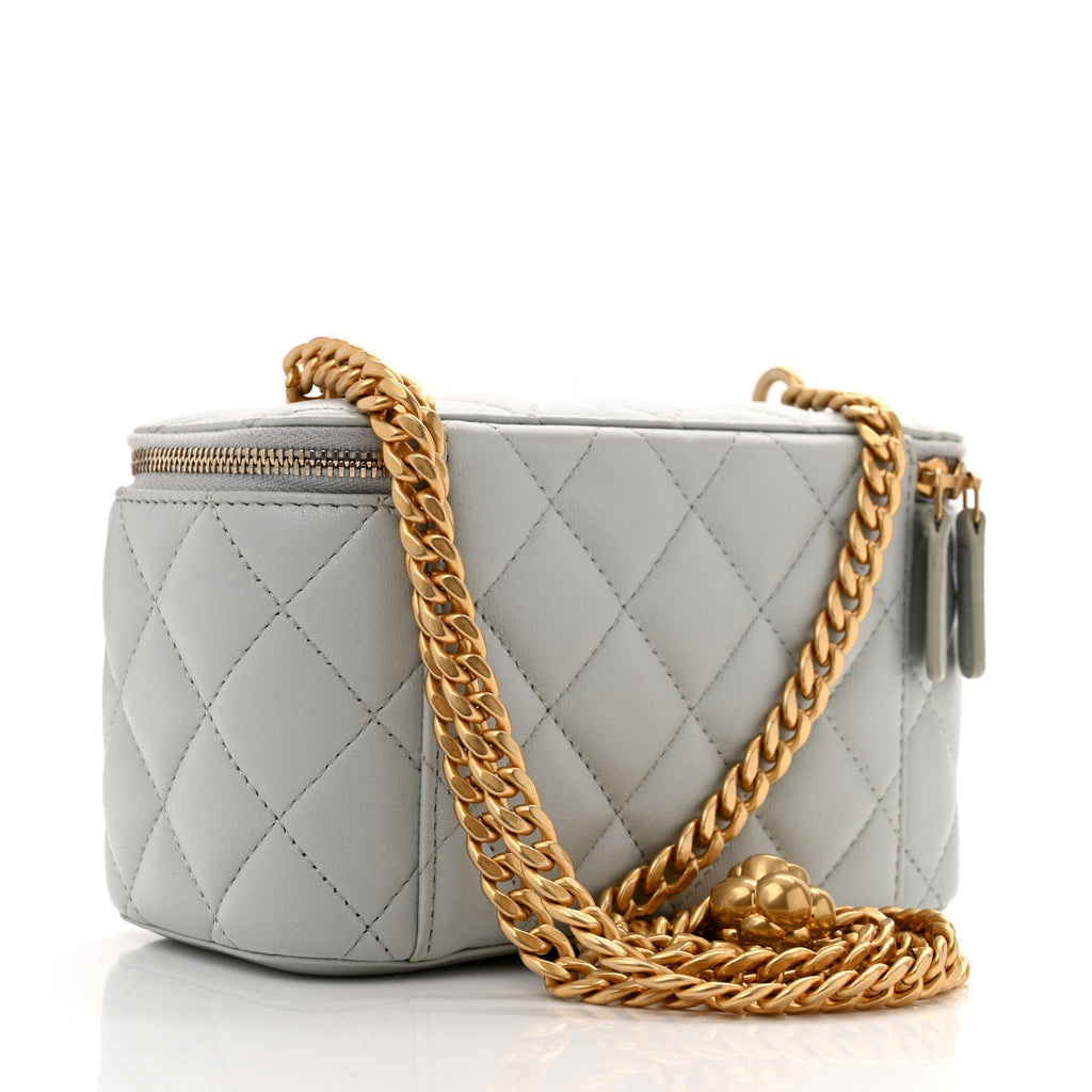 Lambskin Quilted Sweet Camellia Small Vanity Case With Chain Light Green