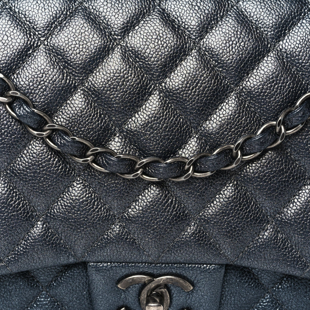 Metallic Caviar Quilted Maxi Double Flap Charcoal