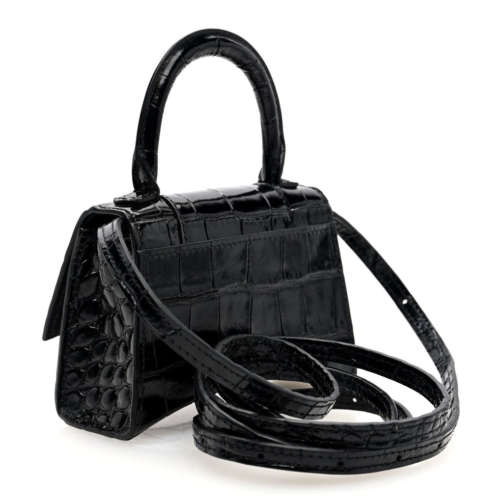 Shiny Calfskin Crocodile Embossed Hourglass Top Handle Bag XS Black