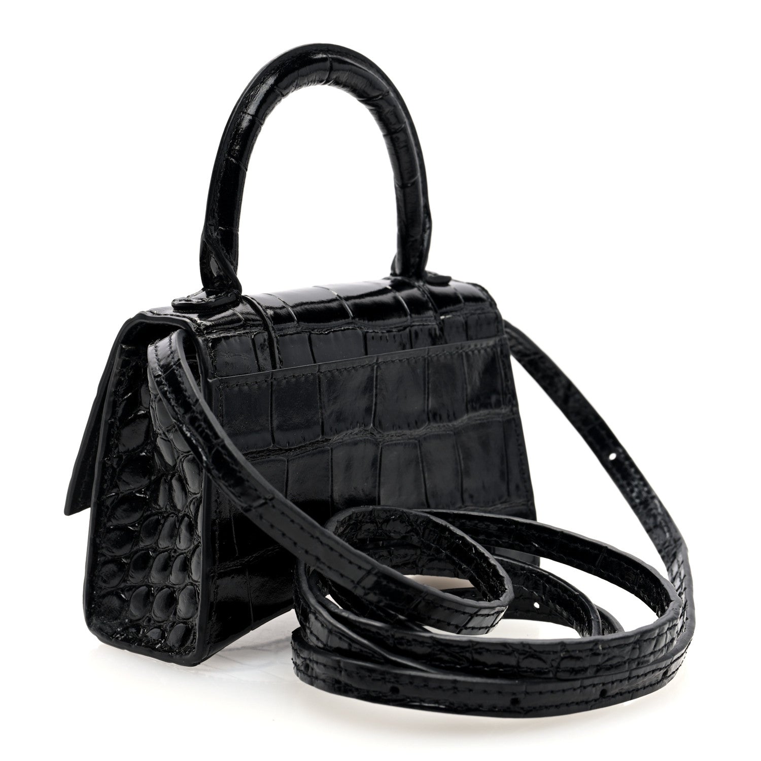 Shiny Calfskin Crocodile Embossed Hourglass Top Handle Bag XS Black