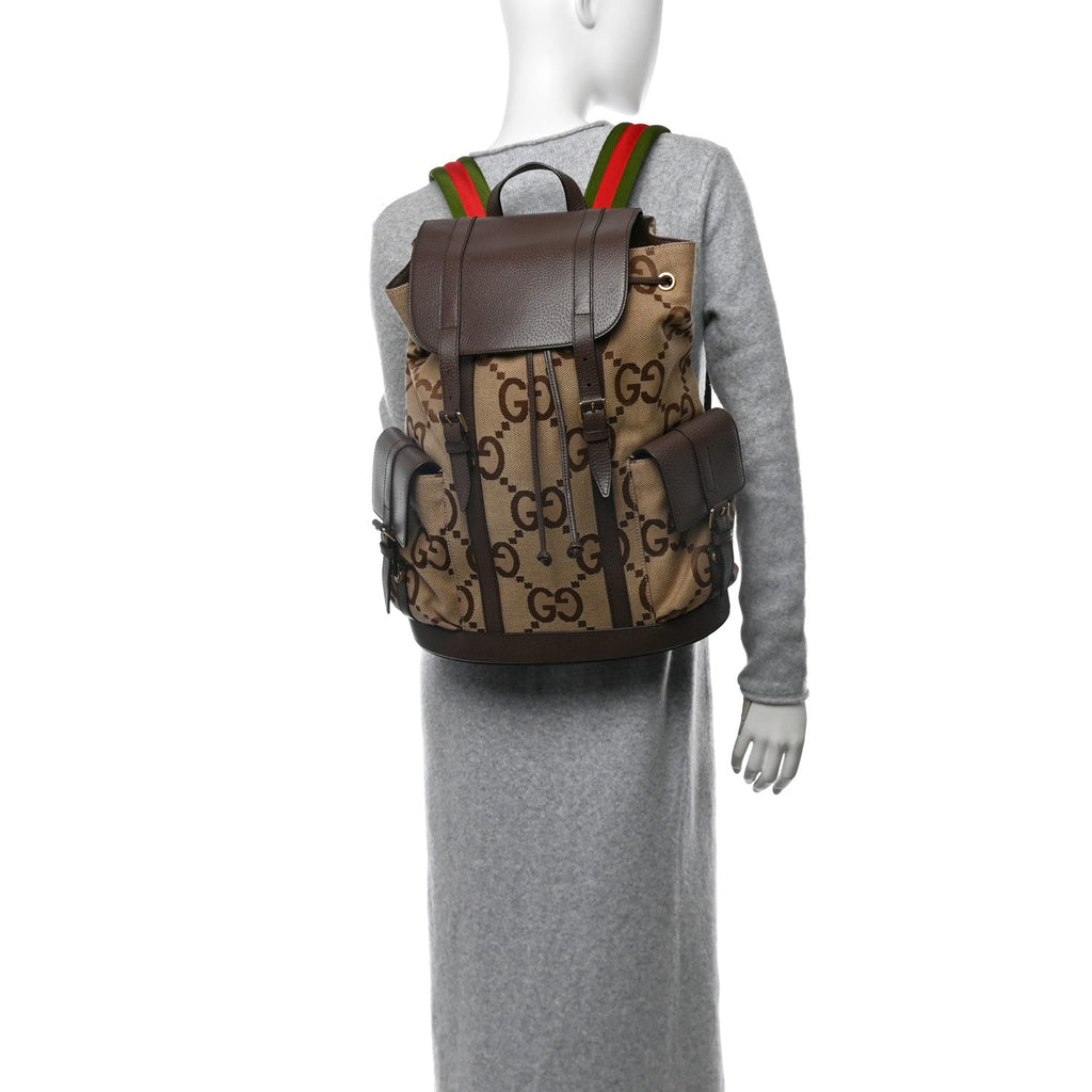 Monogram Jumbo GG Textured Dollar Calfskin Web Double Buckle Backpack Camel Ebony New Acero