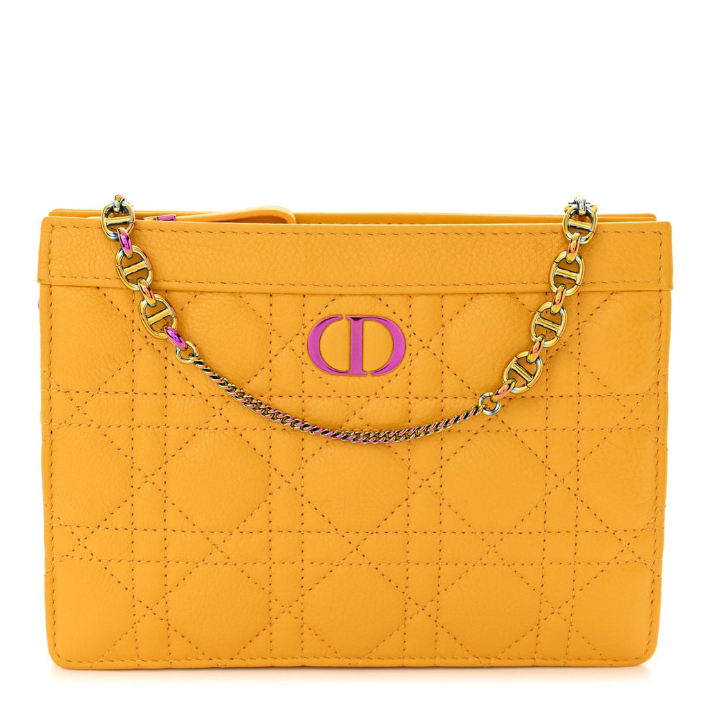 Calfskin Cannage Caro Zipped Pouch With Chain Sunny Yellow
