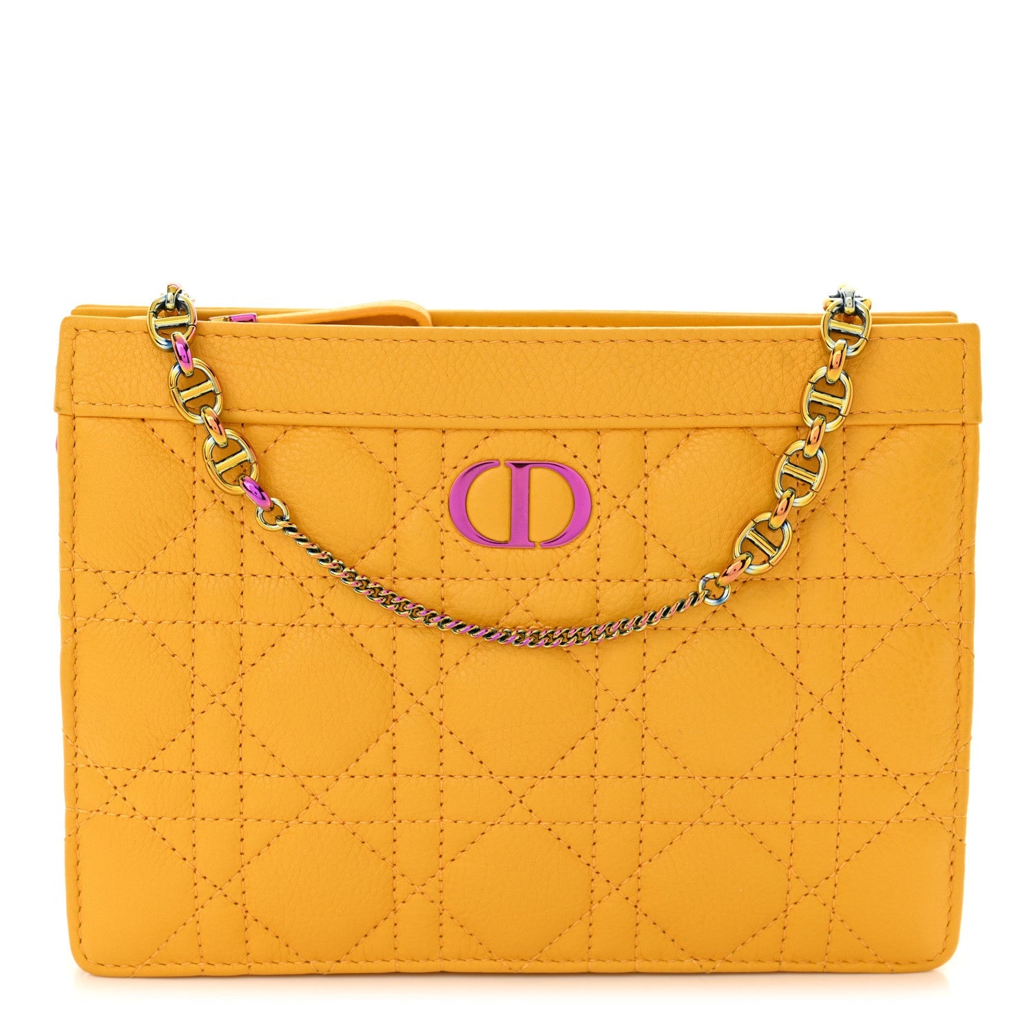 Calfskin Cannage Caro Zipped Pouch With Chain Sunny Yellow