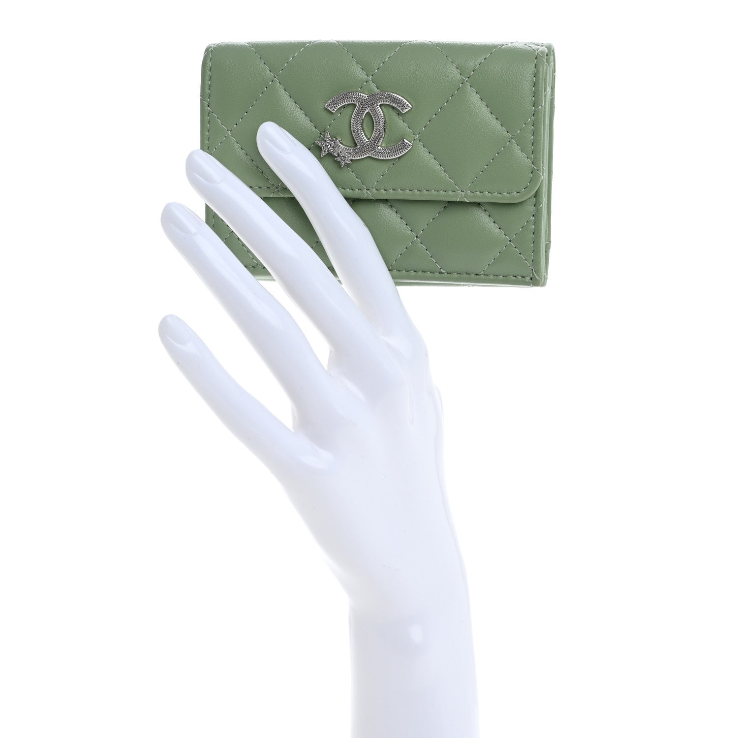 Lambskin  Quilted Crystal Star Double Flap Wallet  Green