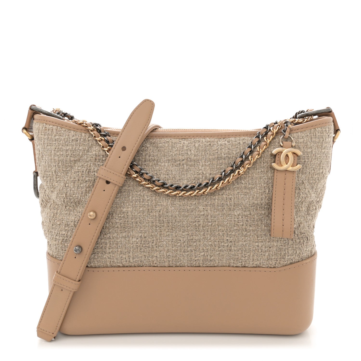 Tweed Calfskin Quilted Medium Gabrielle Hobo Beige