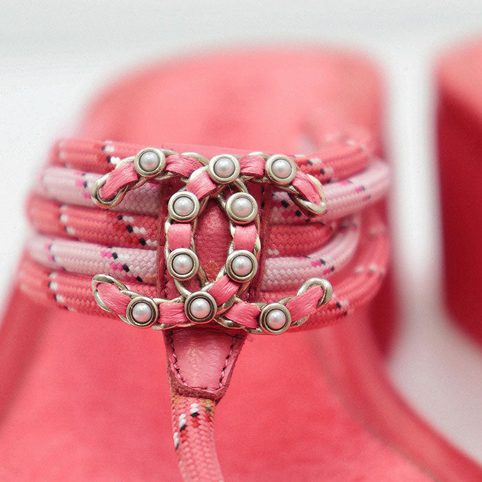 Chanel COCO Mark Mesh Patent Leather Pearl Thong Sandals