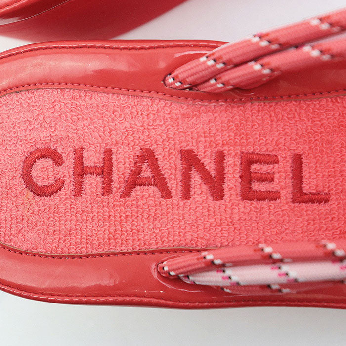 Chanel COCO Mark Mesh Patent Leather Pearl Thong Sandals
