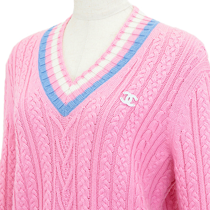 Chanel Cashmere Blend V-Neck Cable Knit Sweater