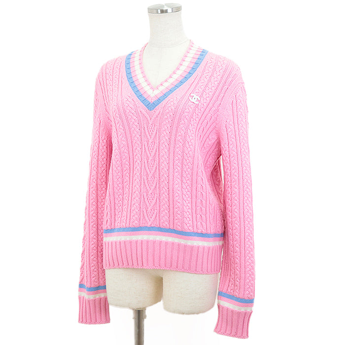 Chanel Cashmere Blend V-Neck Cable Knit Sweater