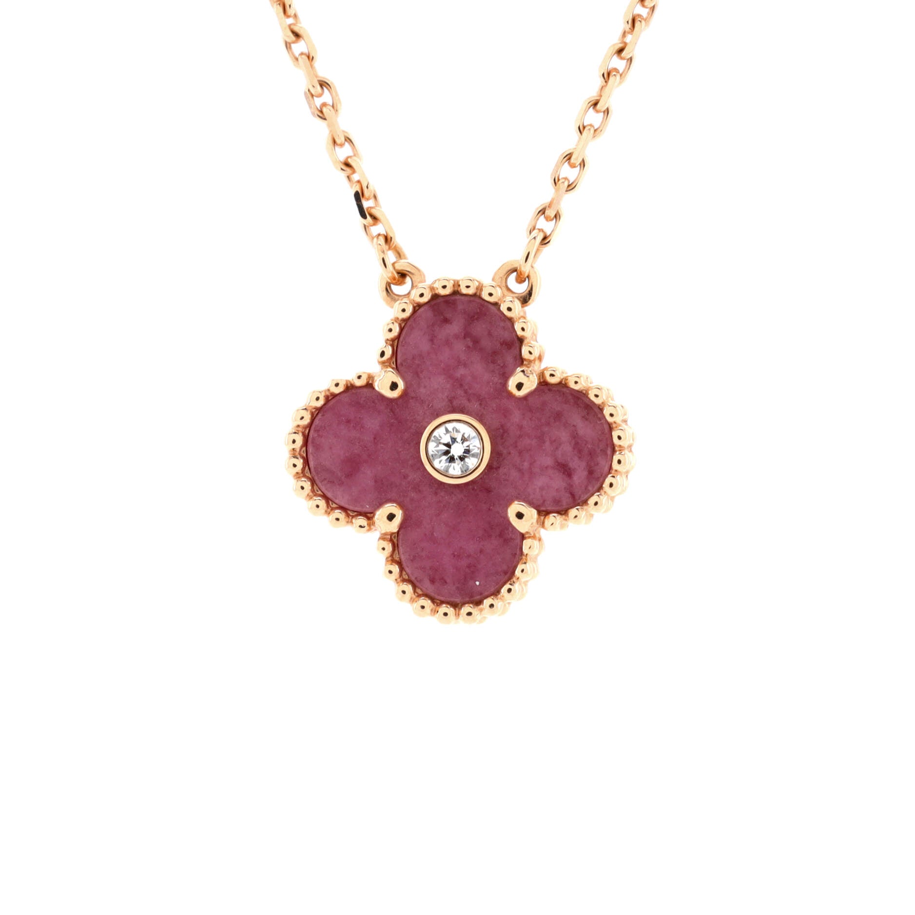 Vintage Alhambra Pendant Necklace 18K Rose Gold and Rhodonite with Diamond