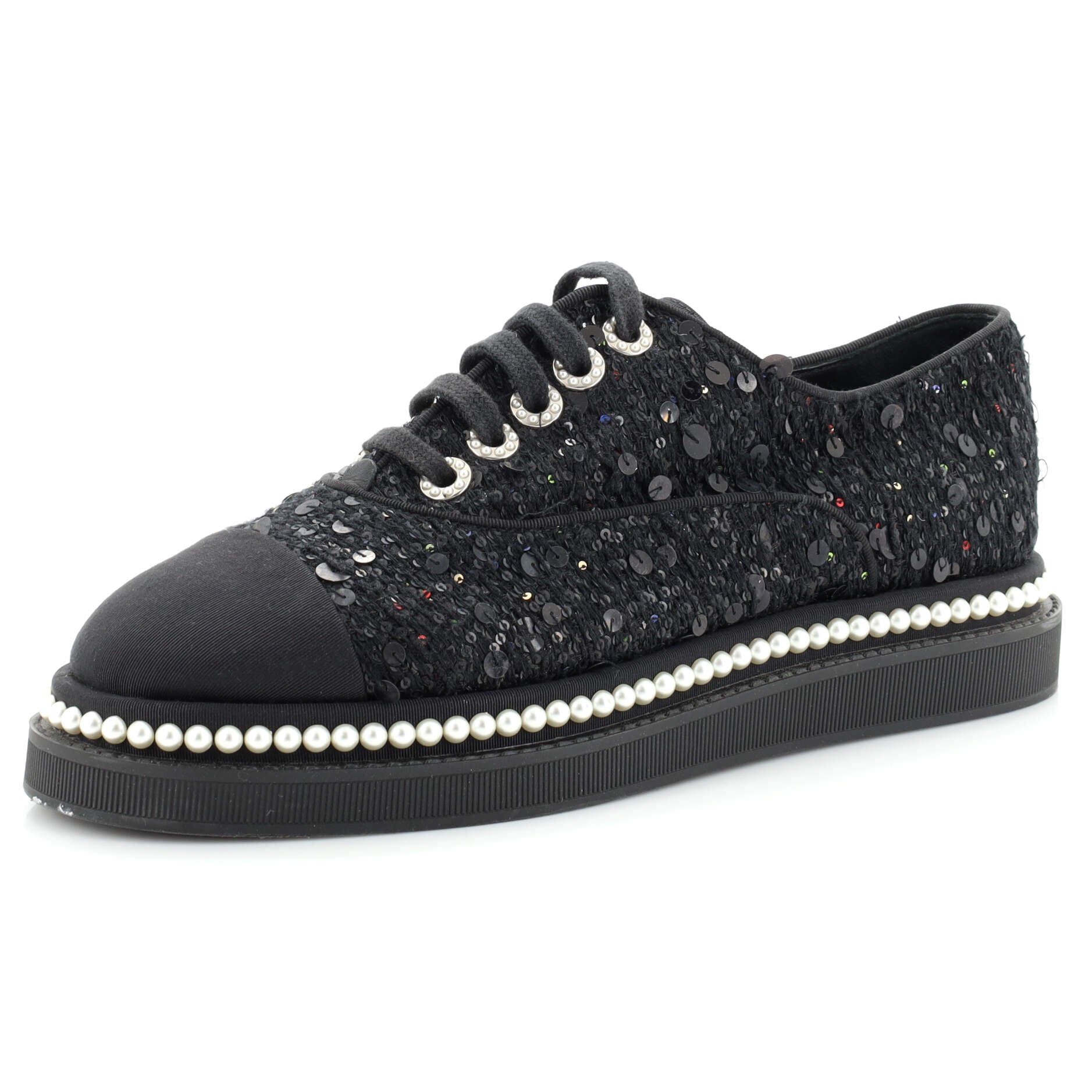 Women's CC Cap Toe Platform Sneakers Sequin Embellished Tweed with Pearls
