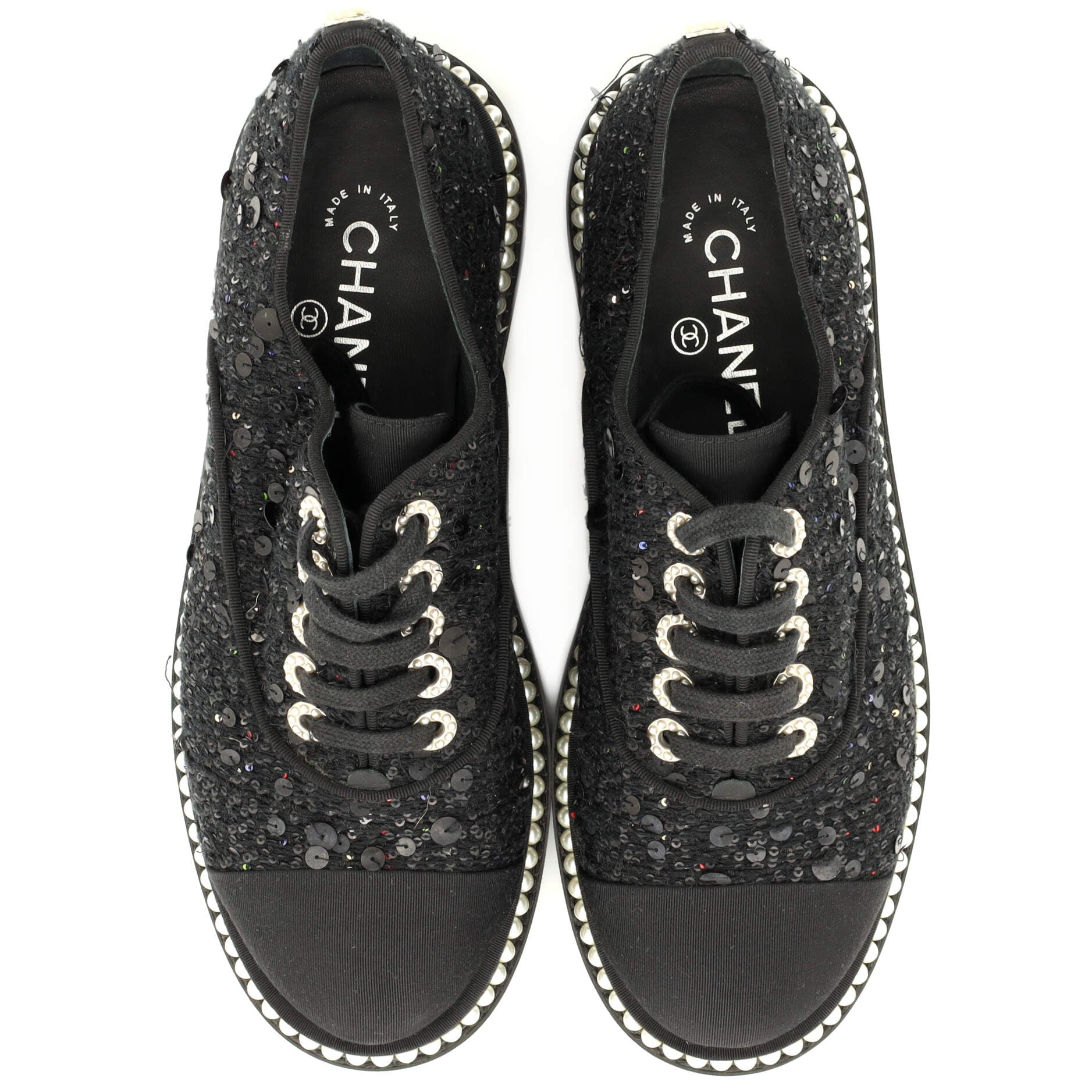 Women's CC Cap Toe Platform Sneakers Sequin Embellished Tweed with Pearls