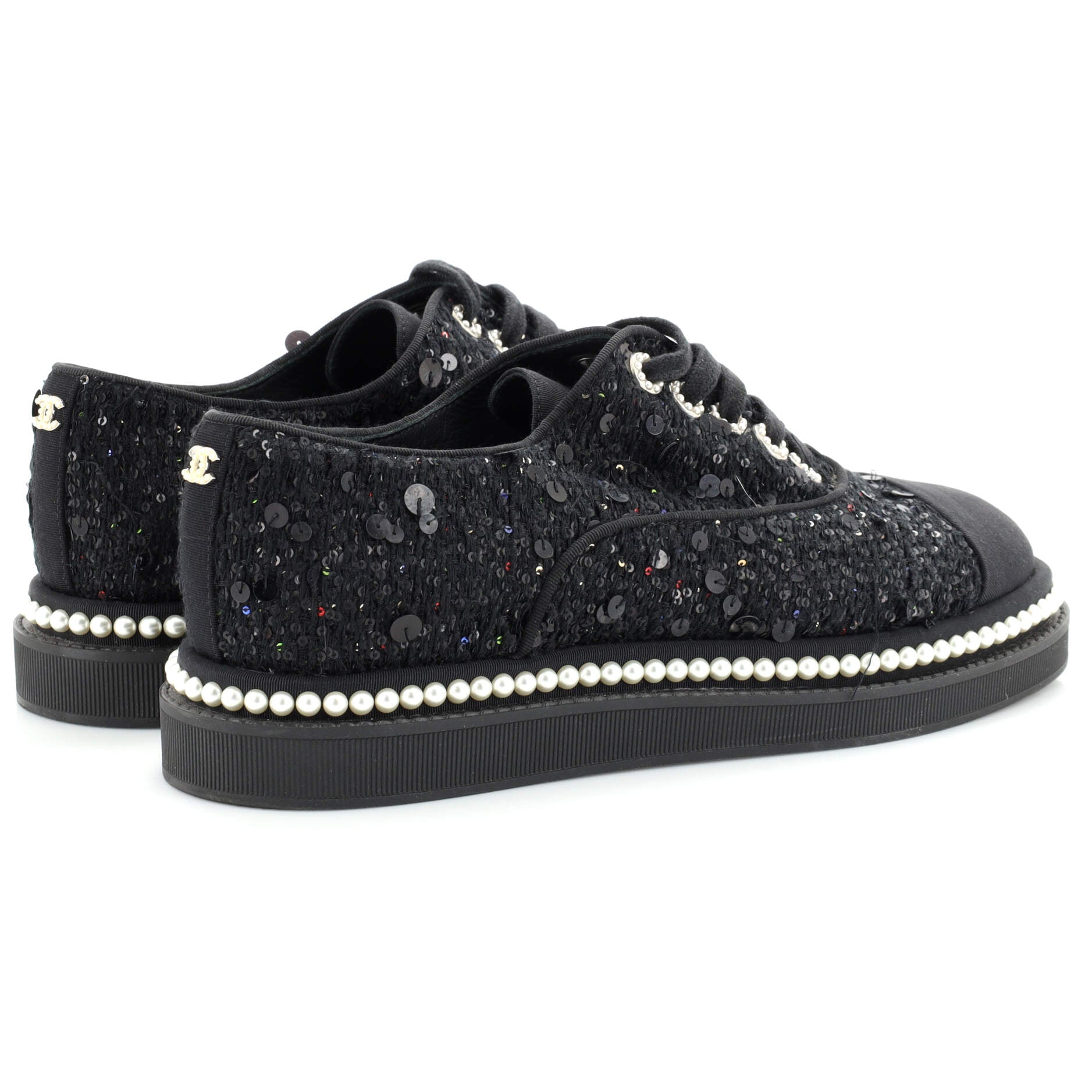 Women's CC Cap Toe Platform Sneakers Sequin Embellished Tweed with Pearls