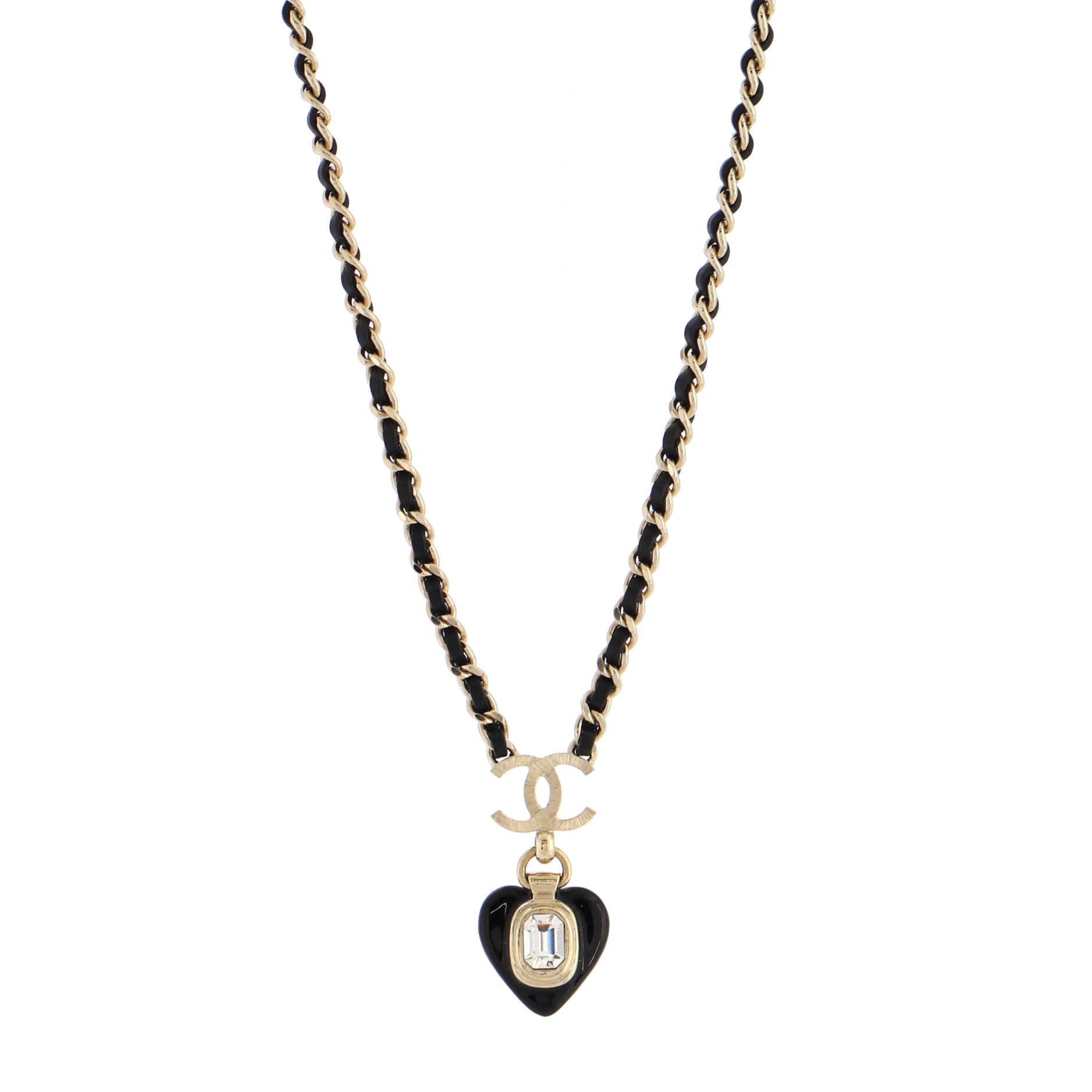CC Heart Drop Pendant Necklace Metal with Leather and Crystal