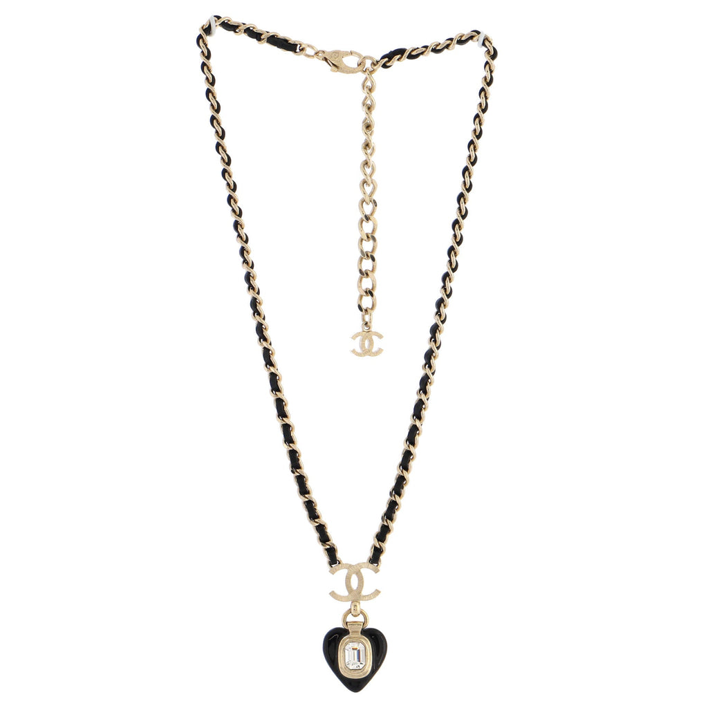 CC Heart Drop Pendant Necklace Metal with Leather and Crystal