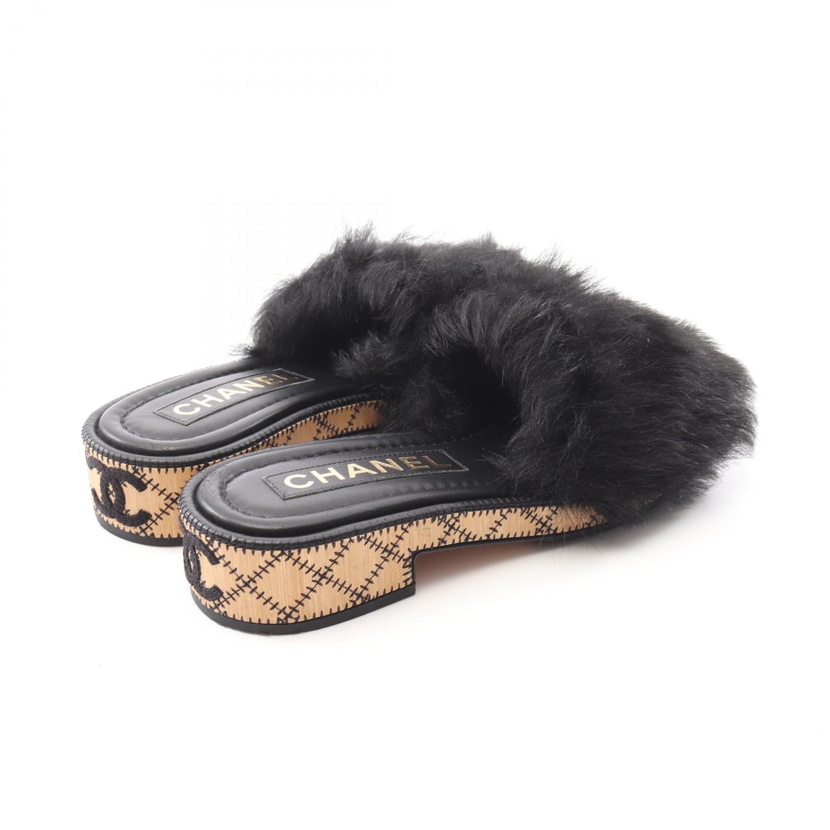Chanel Coco Mark Leather Fur Sandals