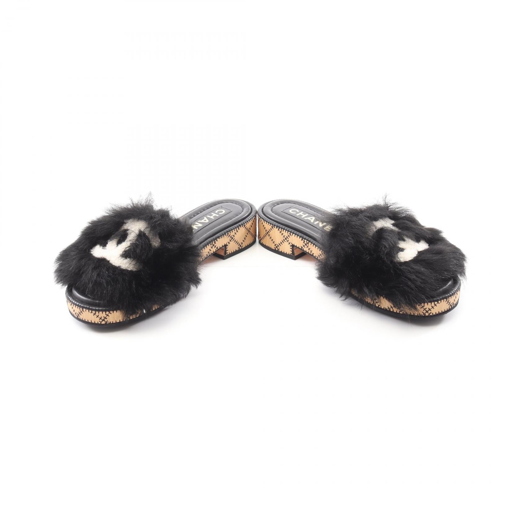 Chanel Coco Mark Leather Fur Sandals